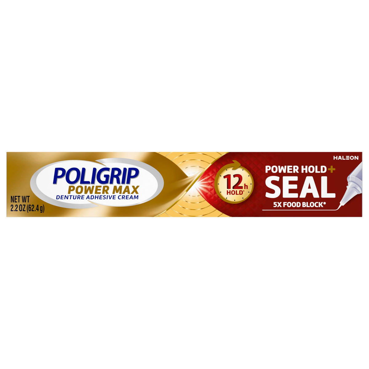 Poligrip Power Max Hold Plus Seal Denture Adhesive Cream, Secure Fit and Food Protection, No Flavor, 2.2 Oz, 4 Count