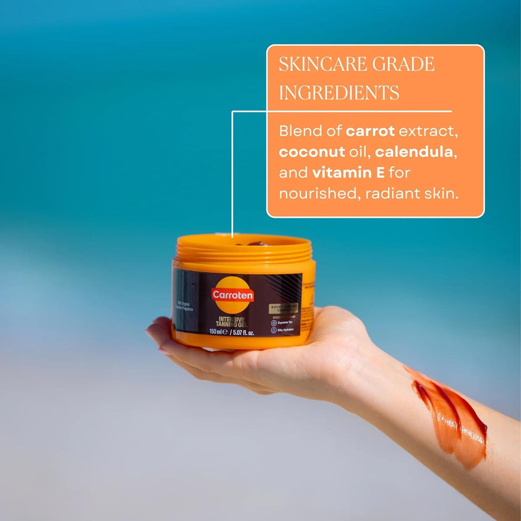Carroten Intensive Tanning Gel, Browning Tan Accelerator, 5 oz | Non-Greasy, Water-Resistant with Carrot and Coconut Oil, Vitamin A & E For Moisture & Hydration, Made in Greece