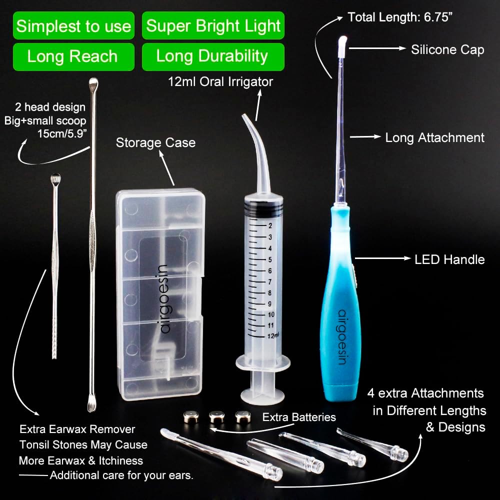 Buy now Airgoesinâ„¢ Upgraded Tonsil Stone Remover Tool, Blue, 5 Tips, Tonsillolith Pick Case + 1 Irrigator Fresh Breath Oral Rinse at indiglob india