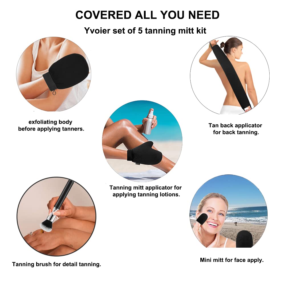 Streakless Self Tanning Mitt Applicator Kit, 5 Pack Self Tanner Mitt with Tanning Glove, Self Tanner Back Applicator, Tanning Brush, Mini Face Glove and Exfoliating Mitt