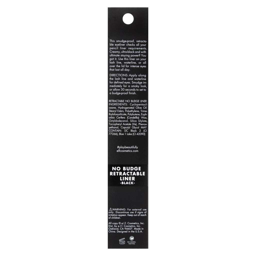 e.l.f. No Budge Retractable Eyeliner, Creamy, Ultra-Pigmented & Waterproof, Creates Bold & Defined Lines, Vegan & Cruelty-Free, Black