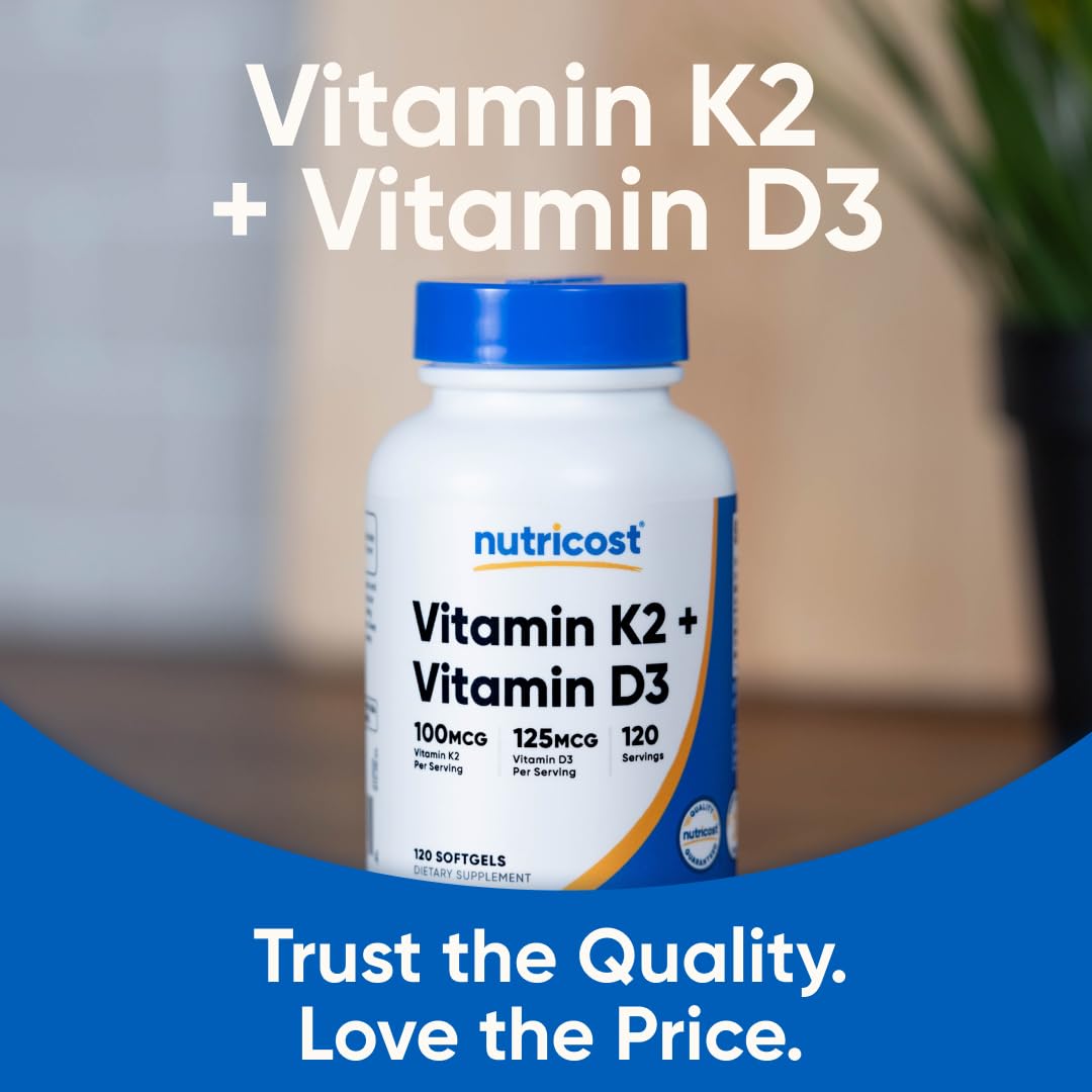 Nutricost Vitamin D3 + K2 (5000 IU D3 / 100mcg MK7) 120 Softgels, GMO-Free | Gluten-Free
