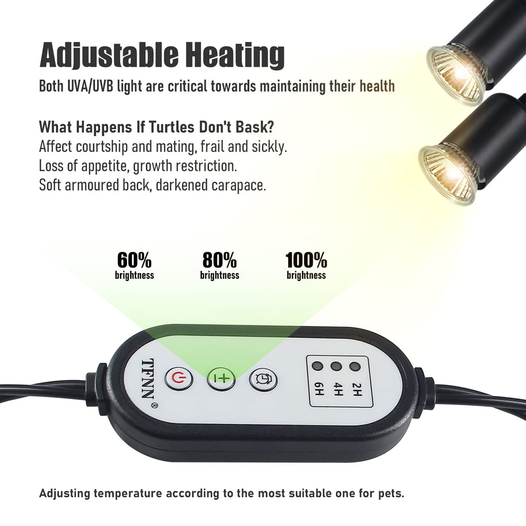TFNN Reptile Heat Lamp, Double-Head Heat Lamp with Clamp, UVA UVB Reptile Light with Intelligent Cycle Timer for Turtle, Bearded Dragon, Lizard and More, 2 Bulbs 25W+50W