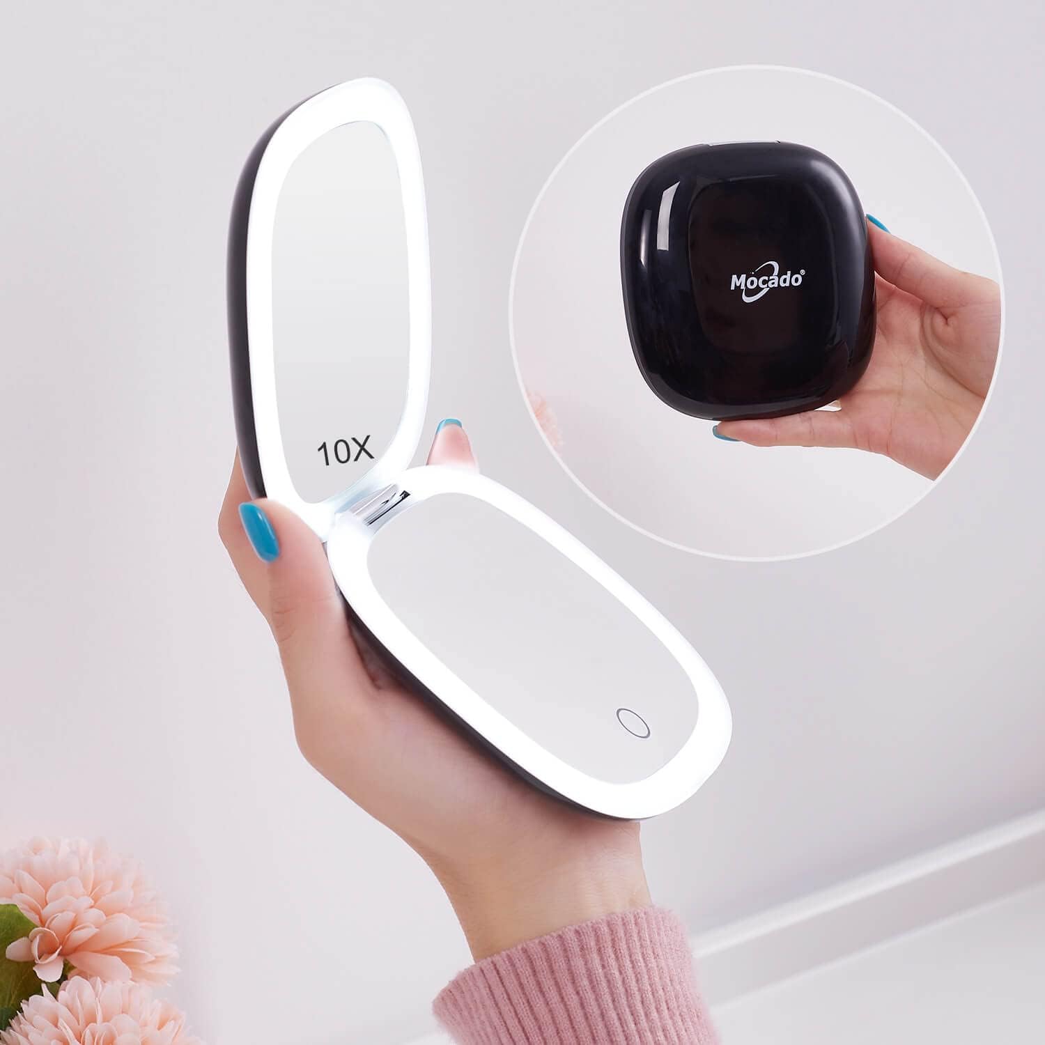 Buy now Mocado Compact LED Magnifying Makeup Mirror 4â€³ â€“ 1X/10X Double-Sided Dimmable Touch Mirror | USB Rechargeable Portable Travel Cosmetic (Rose Gold) Black at indiglob india