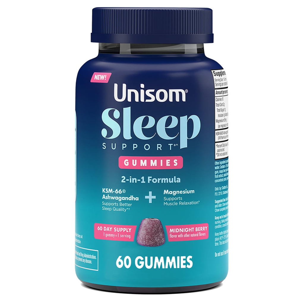 Unisom Sleep Support Gummies, 2-in-1 Magnesium Ashwagandha Drug-Free Formula, Supports Healthy Sleep Routines, Midnight Berry Flavor, 60 Count