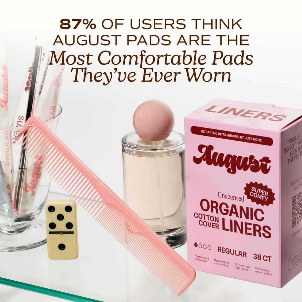 August Organic Panty Liners, 38-Pack Organic Cotton Panty Liners for Women