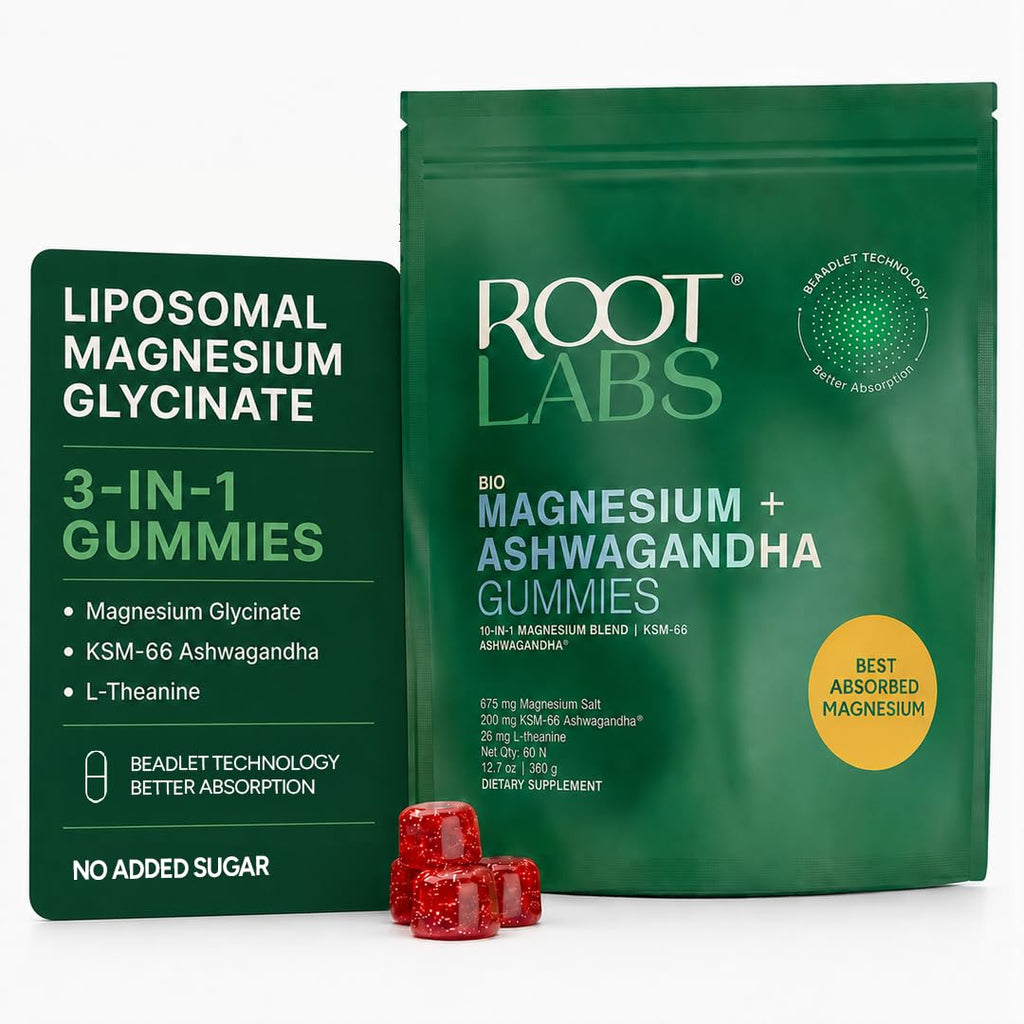 ROOT LABS Magnesium Glycinate Gummies 675mg | Ashwagandha, L-Theanine | Stress Relief, Sleep Support & Recovery | 60 Gummies