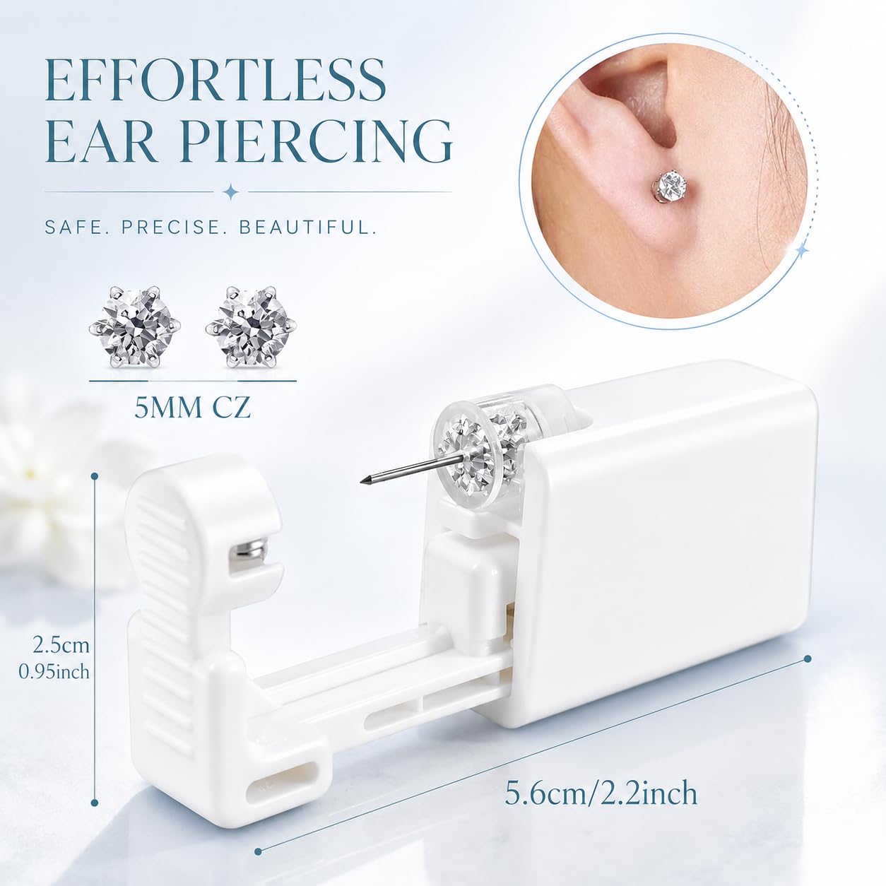 Anzero Ear Piercing Kit, Disposable Ear Piercing Gun with 5MM CZ Studs | Sterile Packed, 316L CZ Studs, Painless Quick Piercing, Easy and Safe, Home Self-Use, Suitable for Women, Men and Girls