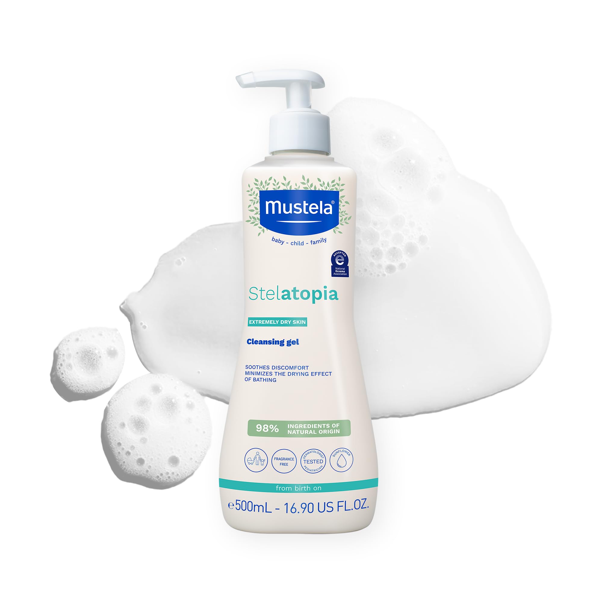 Mustela Stelatopia Eczema-Prone Skin Cleansing Gel - Baby Face & Body Wash with Natural Avocado & Sunflower Oil - Fragrance-Free & Tear Free