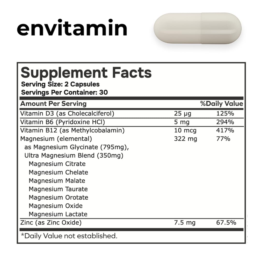 envitamin Ultra Magnesium Glycinate - 8 in 1 Formula with Methylated Vitamin B12, Vitamin D3 and B6.