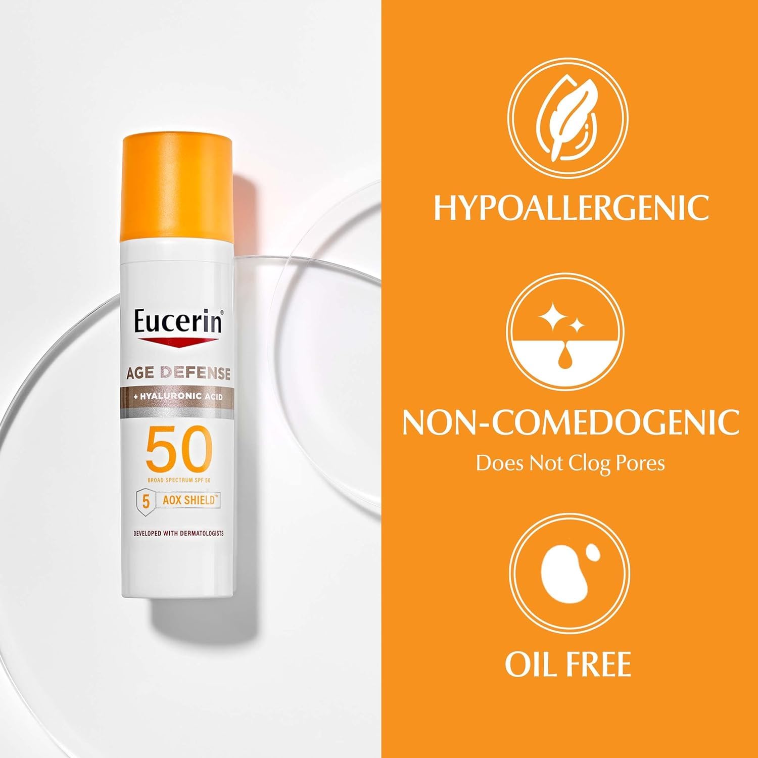 Buy now Eucerin Sun Age Defense SPF 50 Face Sunscreen Lotion with Hyaluronic Acid, Hypoallergenic, Non-Comedogenic Sunscreen SPF 50 Free of Fragrance, Oxybenzone and Octinoxate, 2.5 Fl Oz Bottle at indiglob india