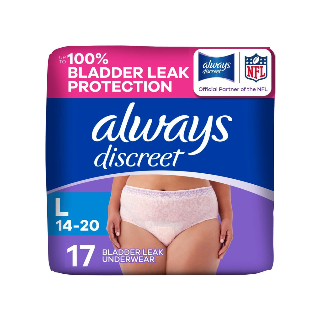 Always Discreet Adult Diapers for Women, Incontinence Underwear, Postpartum Essentials, Disposable Briefs, Max Absorbency, Bladder Leak Protection, Large, 17ct