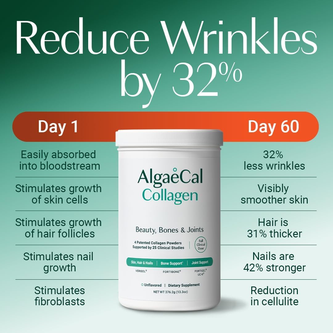 ALGAECAL Collagen Peptides, FORTIBONE®, FORTIGEL®, VERISOL®, UC-II® 1 Pack | 4 clinically supported collagen powders for stronger bones, healthier joints, smoother skin, thicker hair and tougher nails.