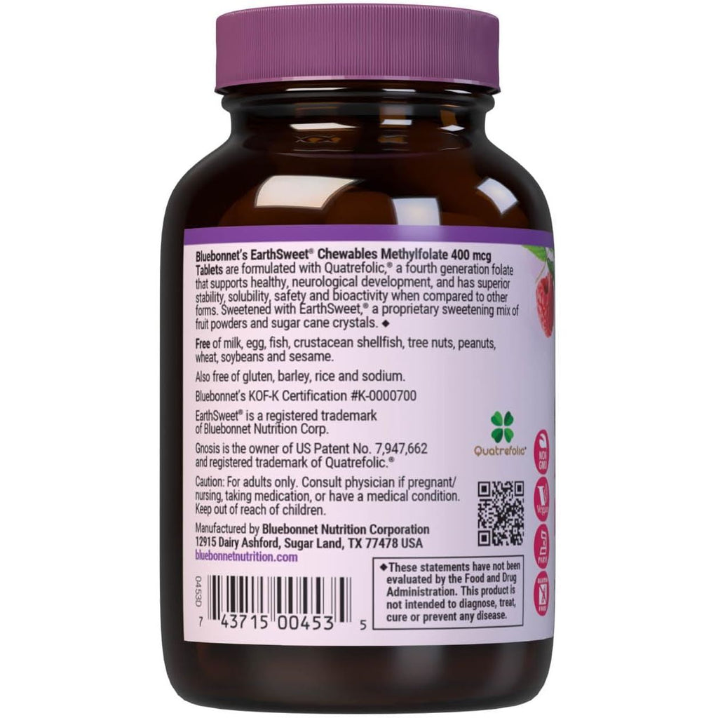 Buy now Bluebonnet EarthSweet Methylfolate 400 mcg Cellular Active Coenzyme 5-MTHF L Methyl Folate Supplement - Prenatal & Energy Support* - Non-GMO, Vegan, Gluten-Free - Raspberry - 90 Chewable Tablets at indiglob india