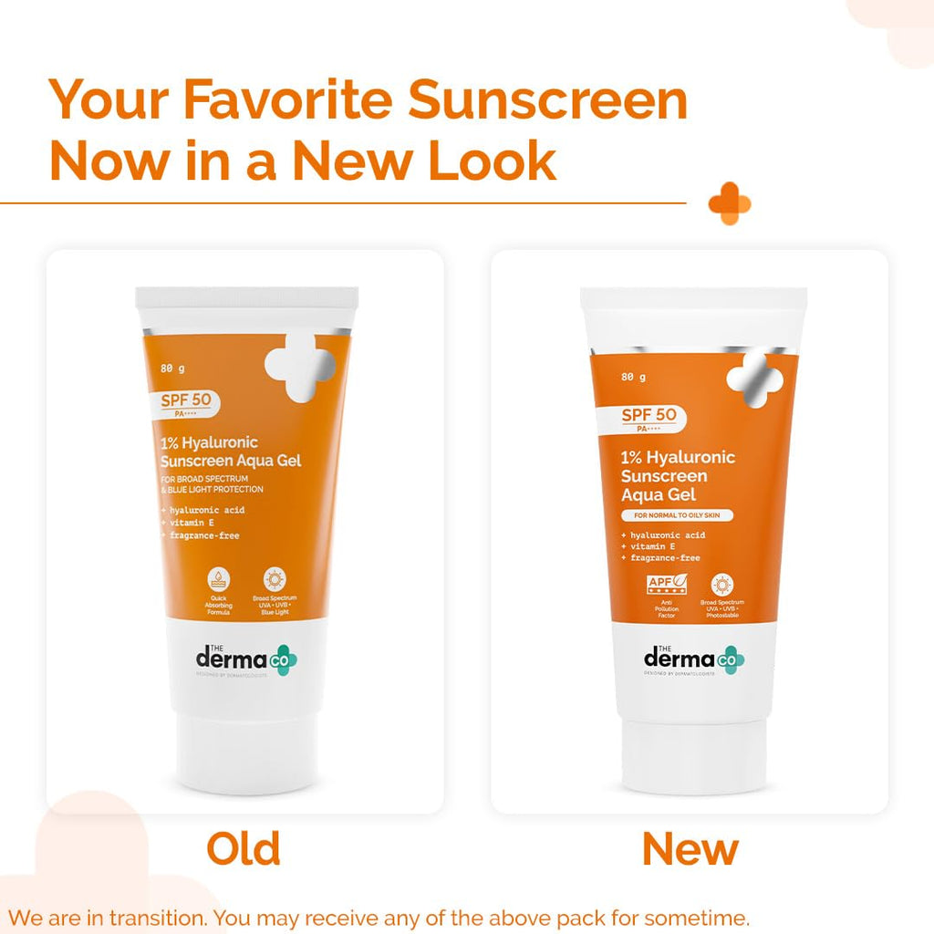 Buy now The Derma Co 1% Hyaluronic Sunscreen Aqua Gel with SPF 50 & PA++++ | Broad Spectrum UVA/B & Blue Light Protection | Suits Oily to Normal Skin | 2.82 Oz/80 g at indiglob india