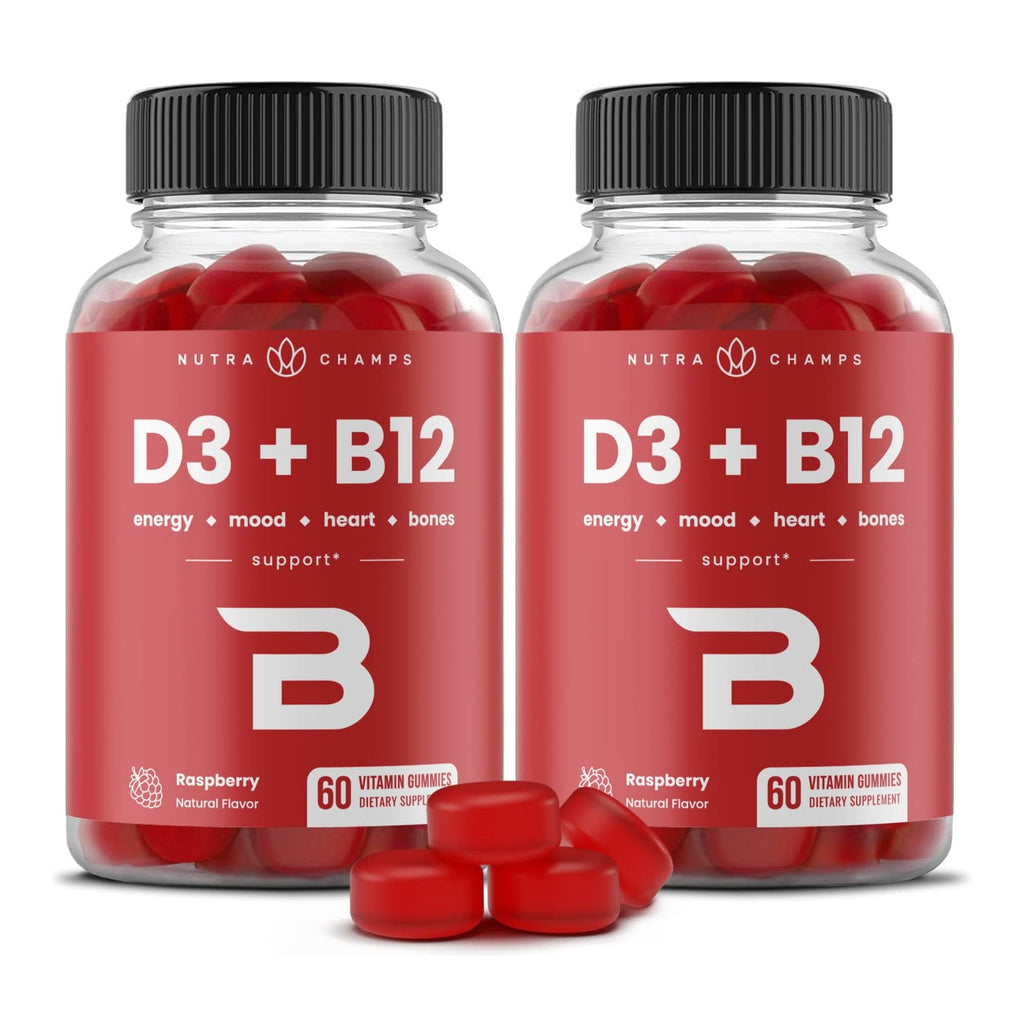 NutraChamps Vitamin D3 & B12, Methyl B12 Gummies for Adults & Kids, Enhanced with Vitamin D 3 & B9 Vitamin Folate, Natural Energy, Mood, Metabolism & Focus, Raspberry, 60 Gummies