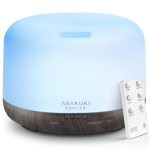 ASAKUKI Essential Oil Diffuser 500ml, Ultrasonic Aromatherapy Humidifier with Remote Control, 7 LED Colors, Timer & Auto-Off, Large Room Diffuser (Dark Brown)