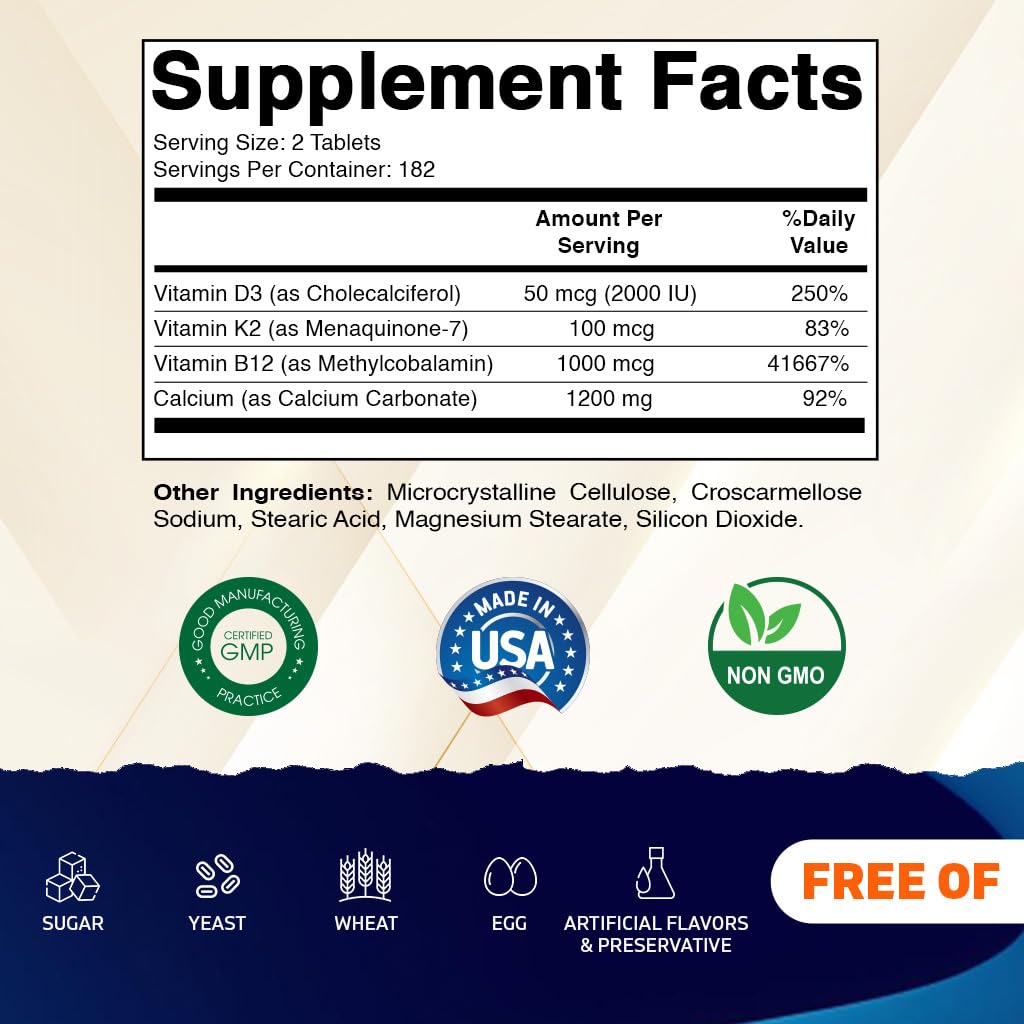 Vitamatic Calcium Supplement 1200mg with D3, K2 & B12, Immune & Bone Health Support - 365 Coated Tablets