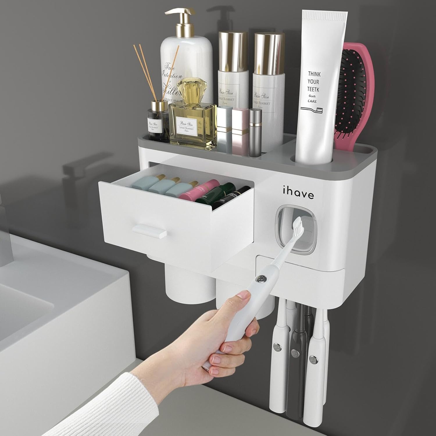 Buy now iHave Toothbrush Holders for Bathrooms, 4 Cups Toothbrush Holder Wall Mounted with Toothpaste Dispenser - Large Capacity Tray, 2 Cosmetic Drawer - Bathroom Organizer & Bathroom Accessories Set 2 cup White at indiglob india