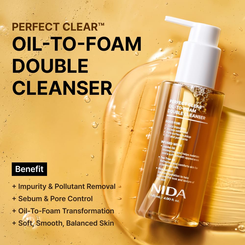 NIDA Perfect Clear™ Oil-To-Foam Double Cleanser | Jojoba Oil, Tea Tree Oil, Rice Extract | Good for Daily Impurities, Excess Sebum, Pore Cleaning, Blackheads, Dirt and Pollutants | 4.90 fl. oz., 145ml