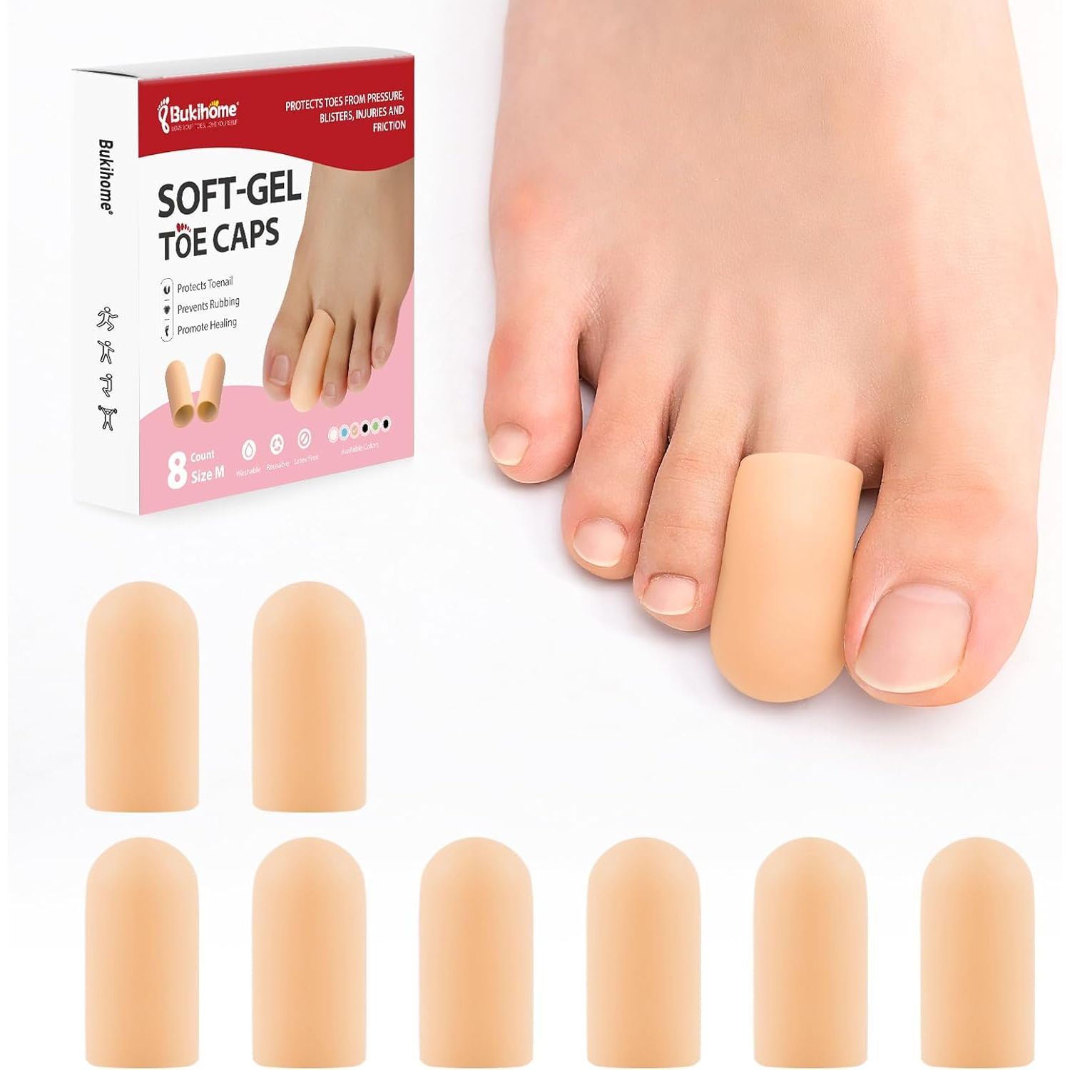Buy now Bukihome 12 PCS Toe Protectors, Silicone Toe Caps to Cushion Toe Blister, Corn, Callus, Hammer Toes,Great for Running, Walking, Stop Toe Pain (White,Multi-Size) Small Size Beige at indiglob india
