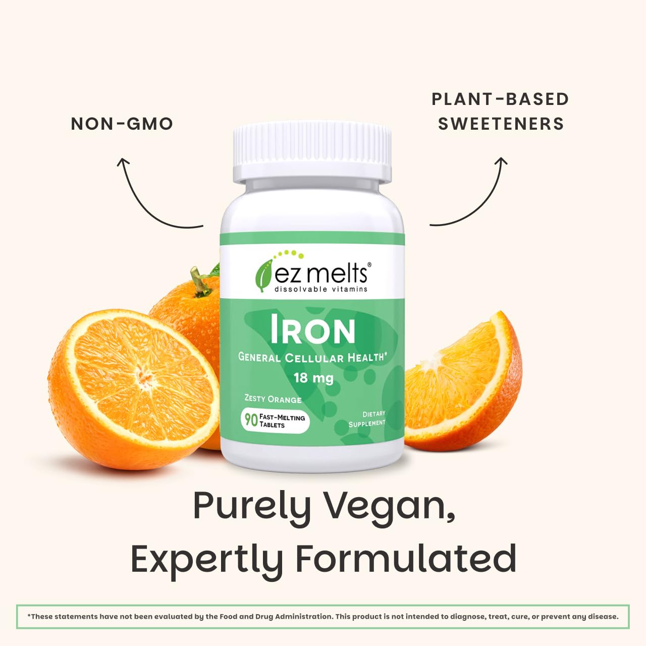 EZ Melts Iron - Supplement for Daily Energy & Iron Support - with Vitamin C - No Artificial Flavors - Non-GMO & Vegan - Zesty Orange - 180 Dissolvable Tablets (180 Servings)