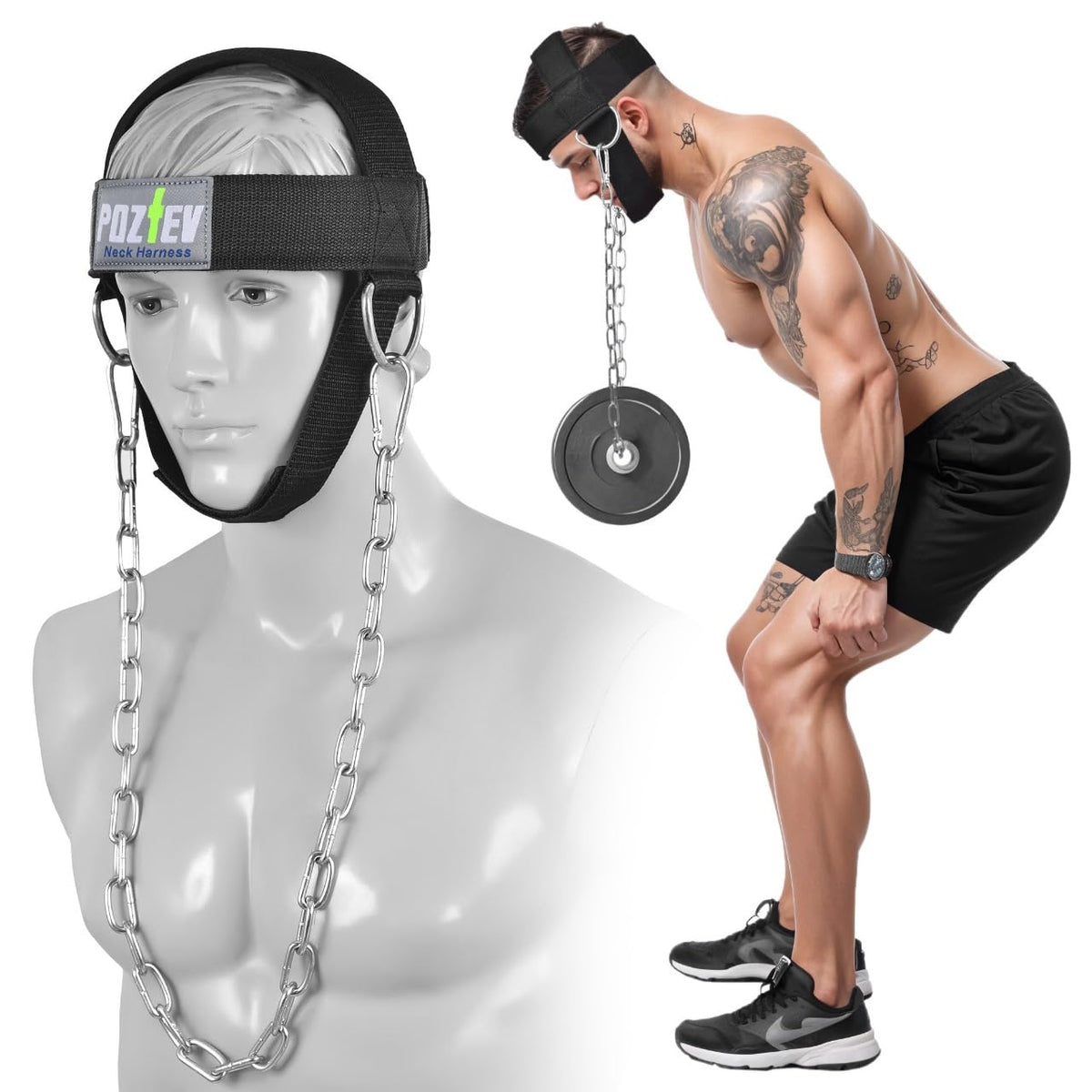 Neck Harness with Heavy-Duty Chain - Adjustable Head and Chin Straps for Neck Strength and Pain Relief