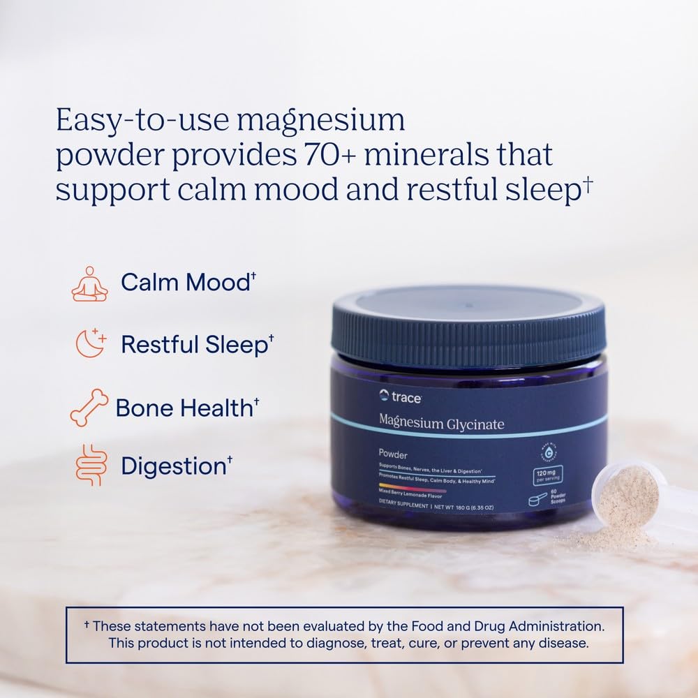 Trace Minerals Magnesium Glycinate Powder, Mixed Berry Lemonade | High absorption chelated form, Gentle on stomach, ionic trace minerals, Calm muscles and mood