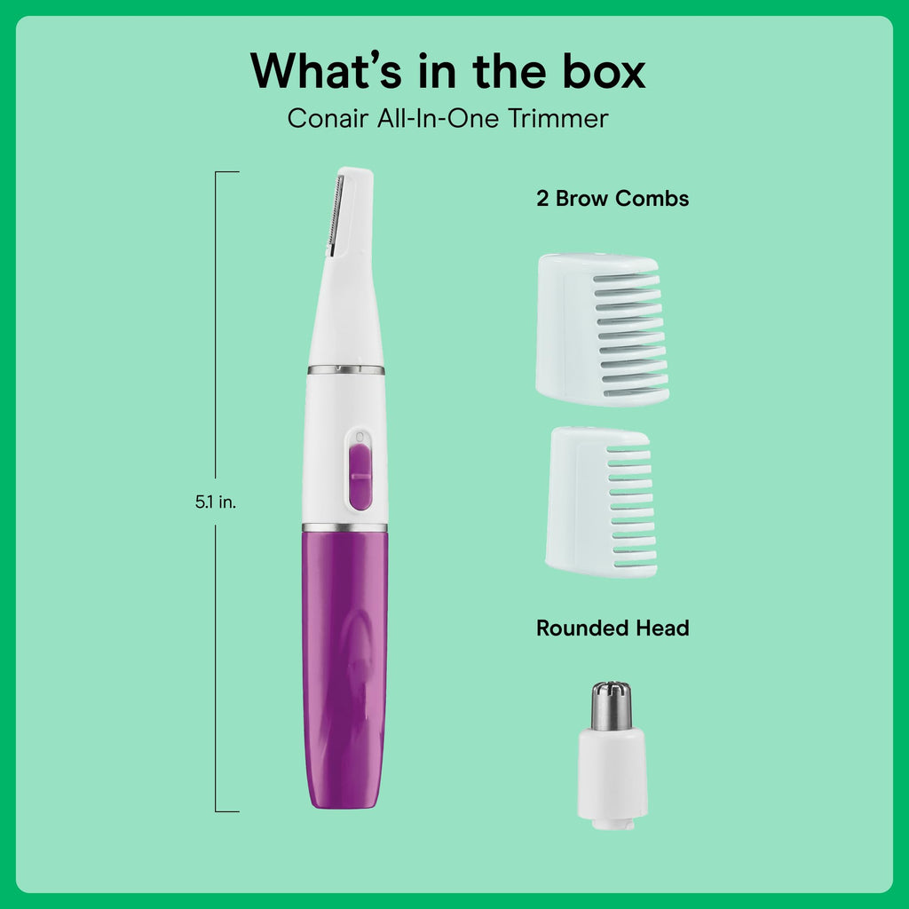 Conair Facial Trimmer for Women, Pinch-Free Precision, 2 Brow Combs | Battery-operated design with a precision trimmer and a nose and ear trimmer offers pain-free facial hair removal for women