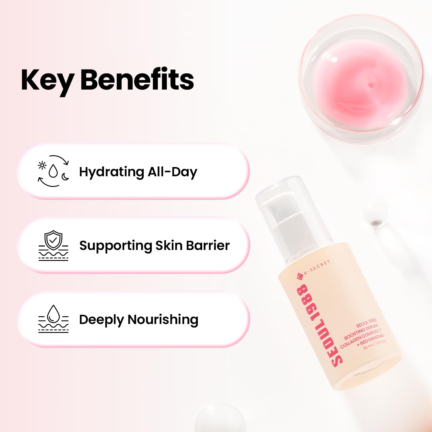 K-SECRET SEOUL 1988 Collagen Boosting Serum | Deeply Hydrating Serum with 7-Type Collagen Complex, Niacinamide, Ceramide NP, and Red Ginseng | Korean Skincare, 30ml / 1.01 fl oz