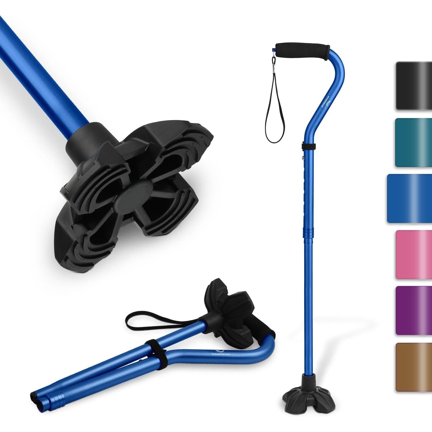 Buy now KINGGEAR F1 Walking Stick, Walking Cane for Women & Men, Self Standing Walkers for Seniors with Wrist Strap, Lightweight & Sturdy Offset EVA Handle and Large Quad Base at indiglob india