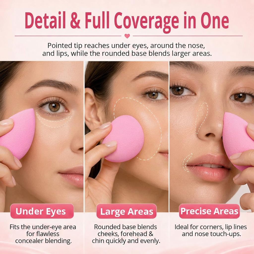 BEAKEY Makeup Sponge Set of 6, Super Soft Beauty Sponges for Foundation | for Liquid, Cream & Powder Application, Pink Blender for Flawless Blending, 0 Latex Vegan & Cruelty-Free, Reusable