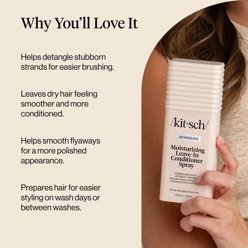 Kitsch Argan Milk Leave In Conditioner Spray - 6.3oz | Hair Detangler Spray for Curly, Wavy, Fine, Dry & Damaged Hair Deeply moisturizes, Enhances Hair Softness – Made in the USA