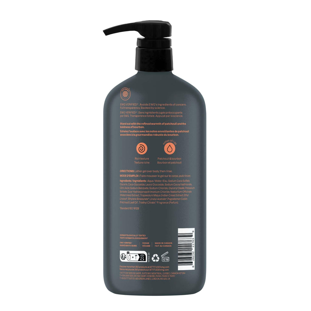 ATTITUDE Men's Body & Face Wash, Patchouli & Bourbon, EWG Verified, 32 Oz