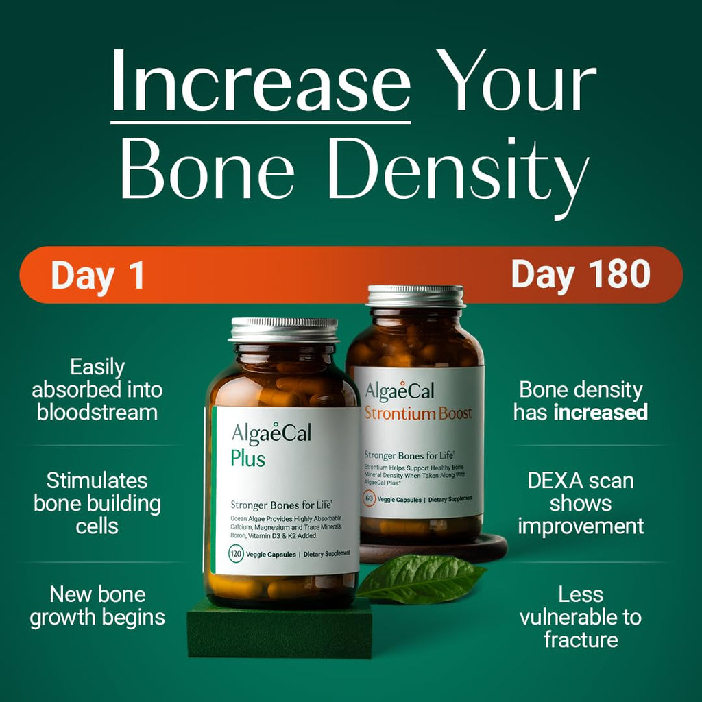 ALGAECAL Bone Builder Pack, Calcium + Strontium for Bone Density, 1 Month | Plant calcium (720mg) plus strontium, D3 (1600IU), K2 (100mg), magnesium (350mg) & 16 nutrients for bone density support.