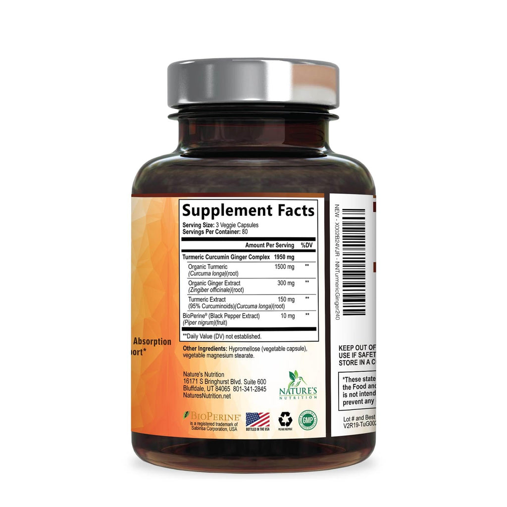 Turmeric Curcumin Supplement - 95% Curcuminoids with Organic Turmeric & Ginger, BioPerine Black Pepper Extract for Best Absorption, Natural Vegan Joint Support, Non-GMO, Bottled in USA - 240 Capsules