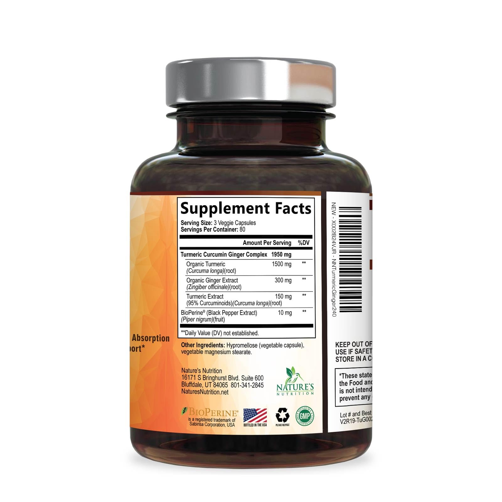 Turmeric Curcumin Supplement - 95% Curcuminoids with Organic Turmeric & Ginger, BioPerine Black Pepper Extract for Best Absorption, Natural Vegan Joint Support, Non-GMO, Bottled in USA - 240 Capsules