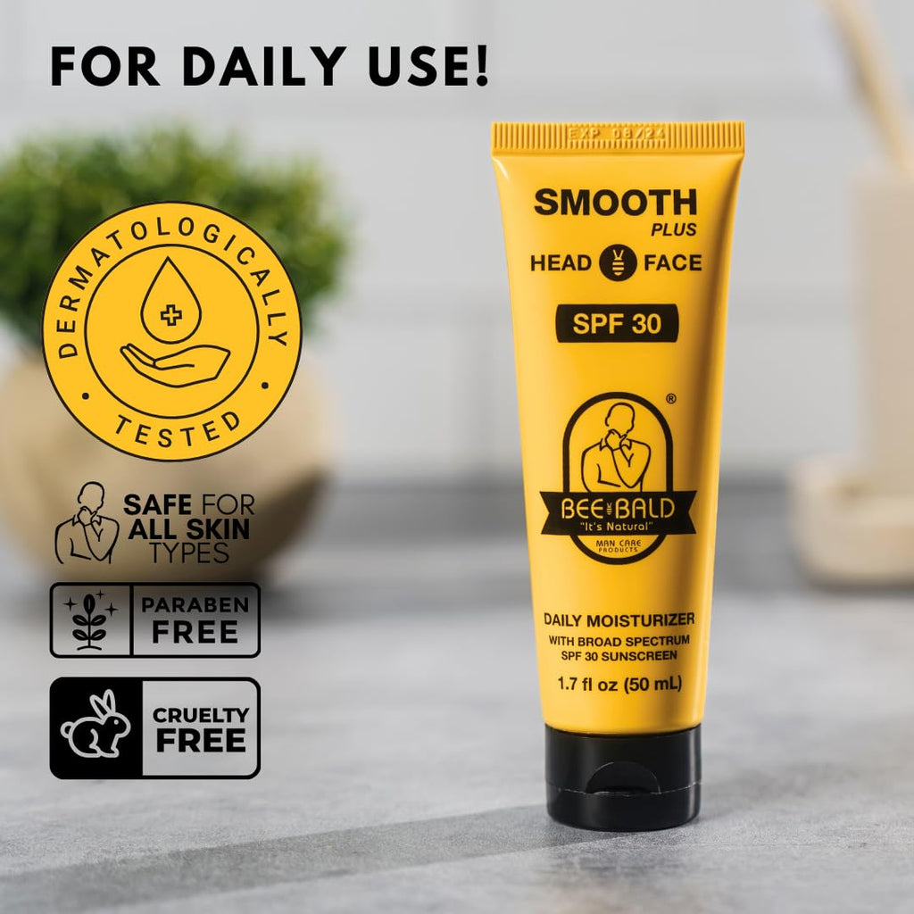 Bee Bald SMOOTH+ Head & Face Sunscreen SPF 30, Scalp Moisturizer, 1.7 fl oz | Hydrates, Shields, and Moisturizes Skin. Blocks Harmful UVA/UVB Sun Rays with SPF 30 on Head or Face. Perfect Daily Defense.