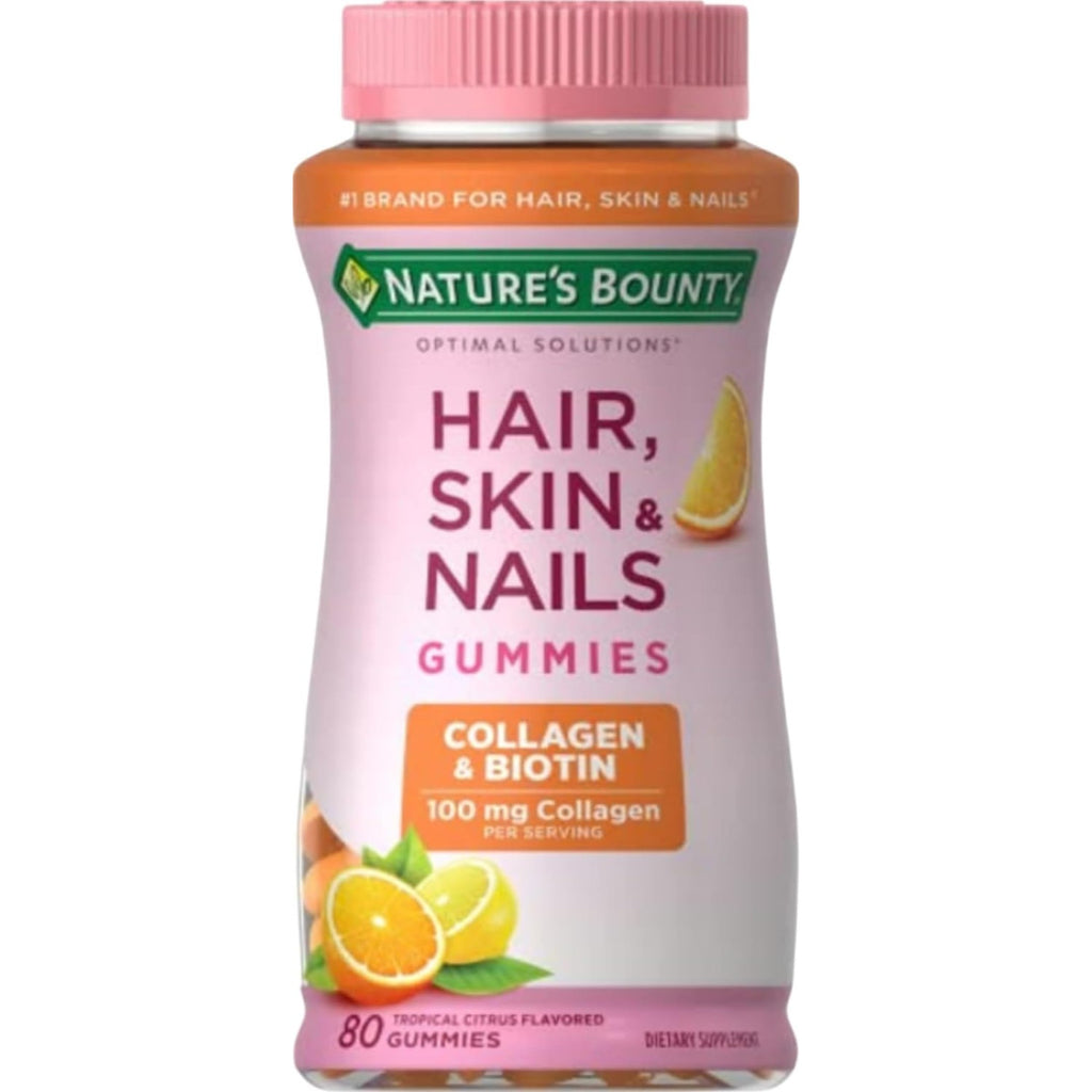 Nature's Bounty Optimal Solutions Hair, Skin & Nails with Biotin & Collagen | Citrus-Flavored Gummies Vitamin Supplement, 2500mcg, 80 Count, 40 Total Servings