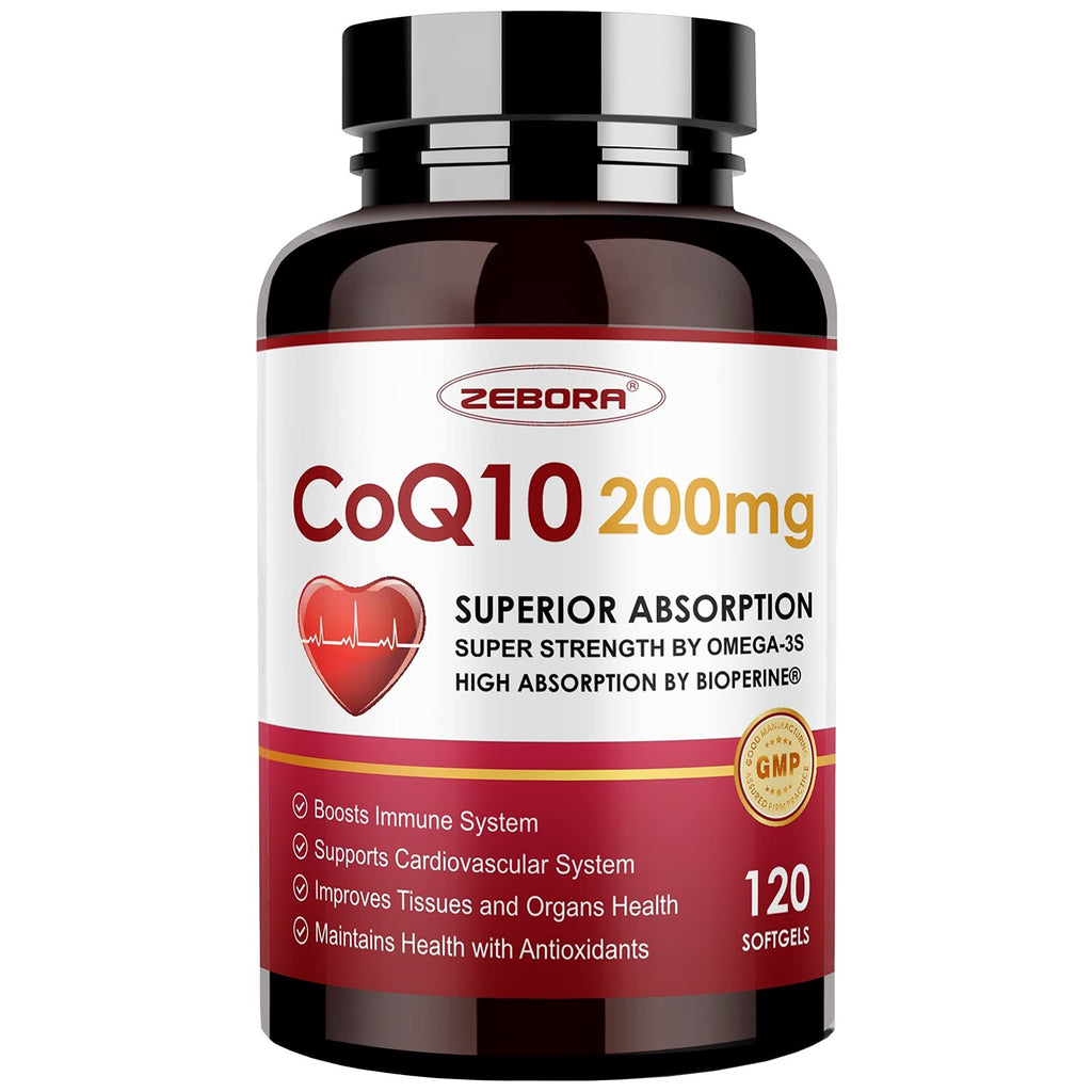 ZEBORA CoQ10 200mg Softgels, 120 Servings | With PQQ, BioPerine & Omega-3, Ubiquinone, High-Absorption, Powerful-Antioxidant, Support Heart & Energy-Production