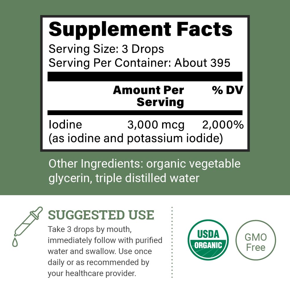 Organic Lugol's Iodine Liquid Drops Supplement - 2% Thyroid Non-GMO 2 Oz | Earth Harmony Iodine Supplement, Potassium Iodide, Thyroid Support, 3000mcg
