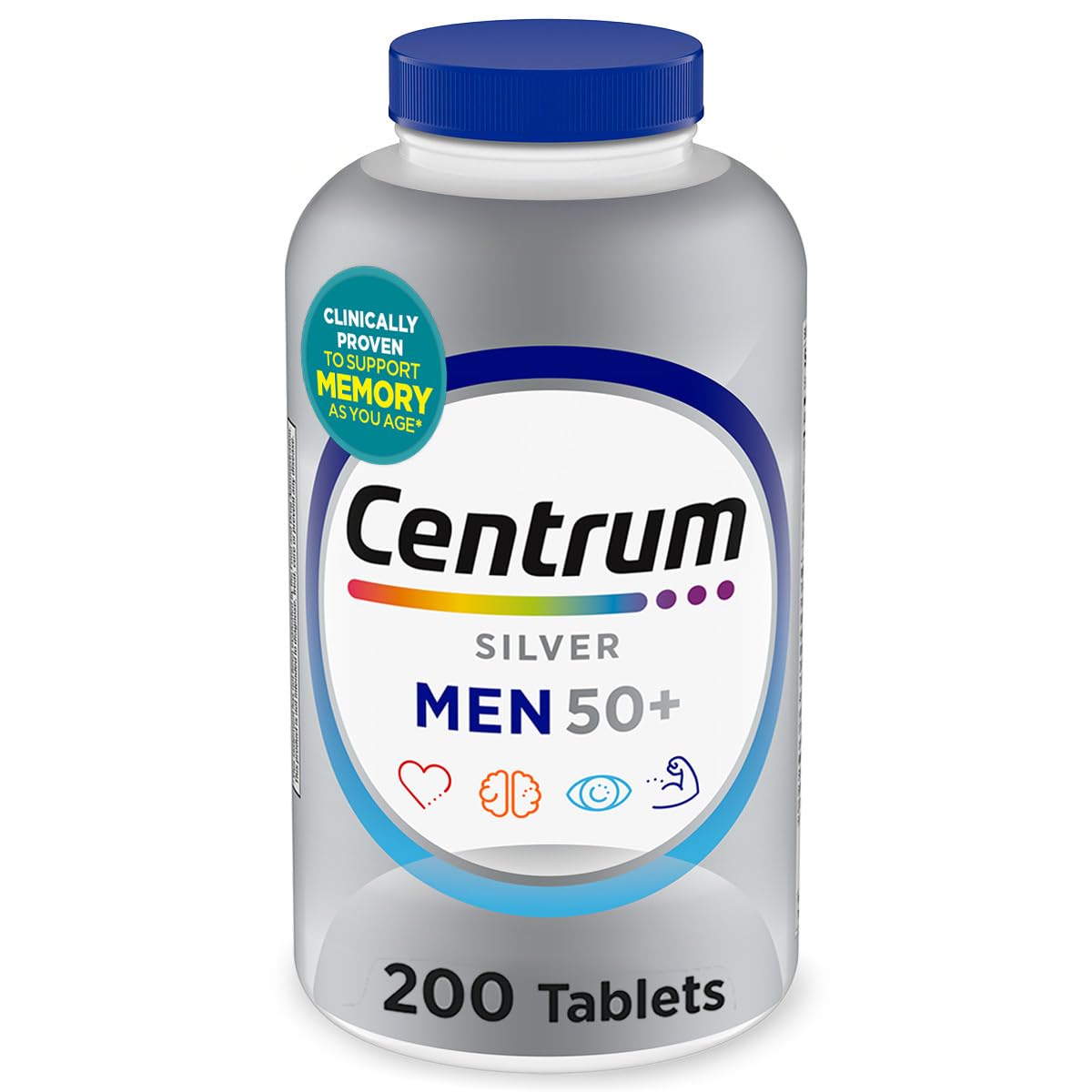 Centrum Silver Men's 50+ Multivitamin with Vitamin D3, B-Vitamins, Zinc for Memory and Cognition - 200 Tablets | Contains Vitamins D3, E, B6, and B12, Gluten Free, Non-GMO Ingredients, GLP-1 Support