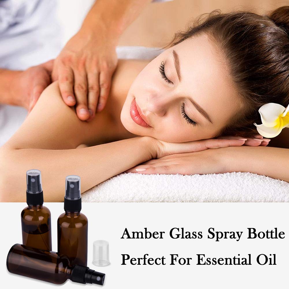 2oz Amber Glass Spray Bottles for Essential Oils, Set of 3 | Small, Travel, Mini, Empty, Fine Mist, for Facial, Cosmetic, Perfume, Hair Care, Room, Refillable, Leakproof, UV protection