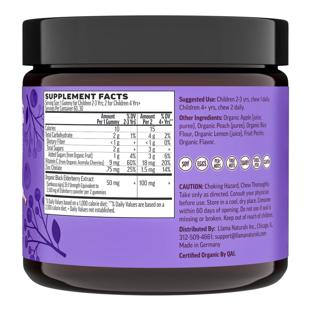 Llama Naturals Elderberry Gummies for Kids, Vegan, Organic Immune Support Supplement with Vitamin C and Zinc, Toddler Real Fruit Gummy Vitamins for Immunity, Chewable, No Added Sugar Cane, 60 Ct