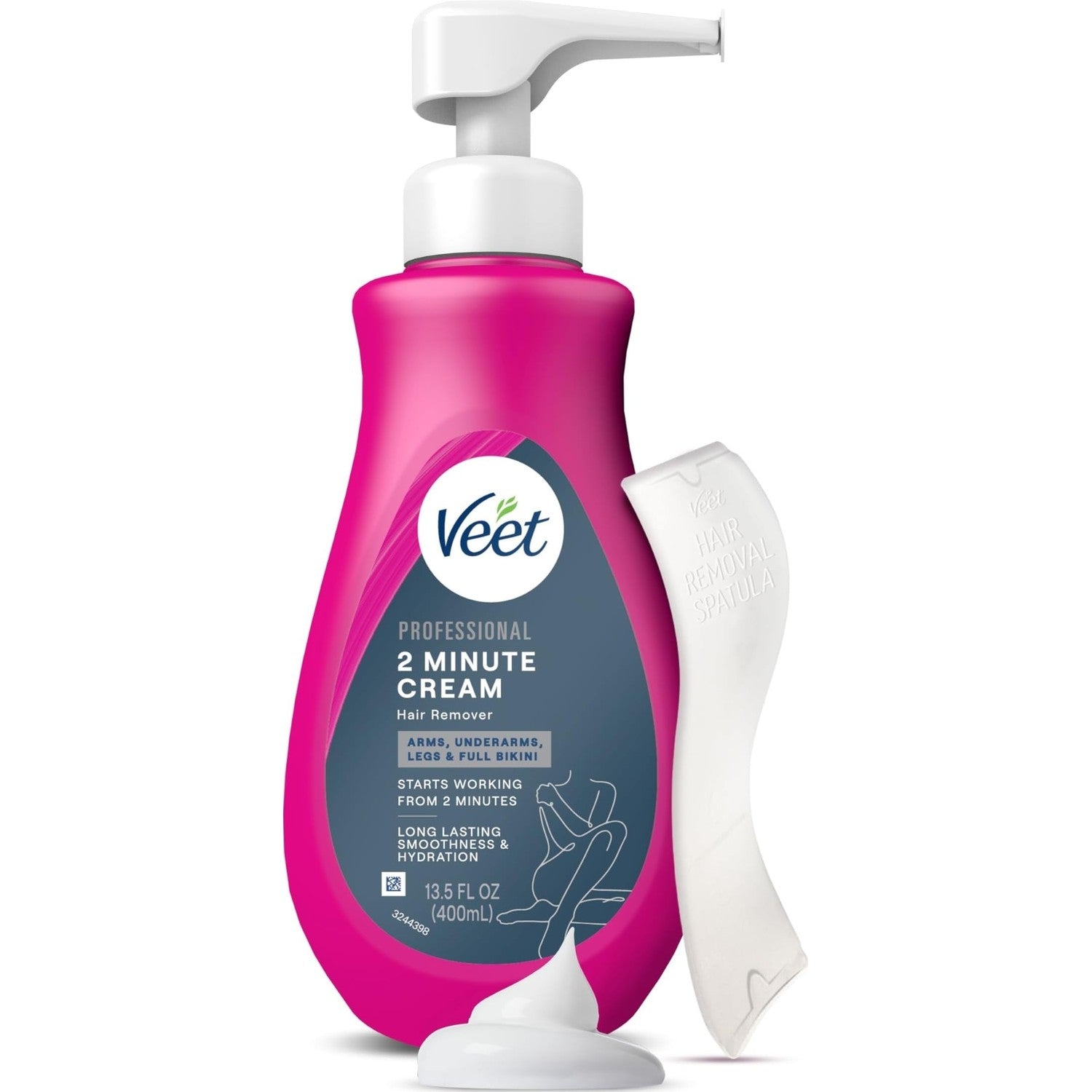 VEET Professional 2 Minute Cream for All Skin Types with Shea Butter, Effective Full Bikini & Pubic Hair Removal, Dermatologically Tested, 13.5 FL OZ Bottle w/Spatula