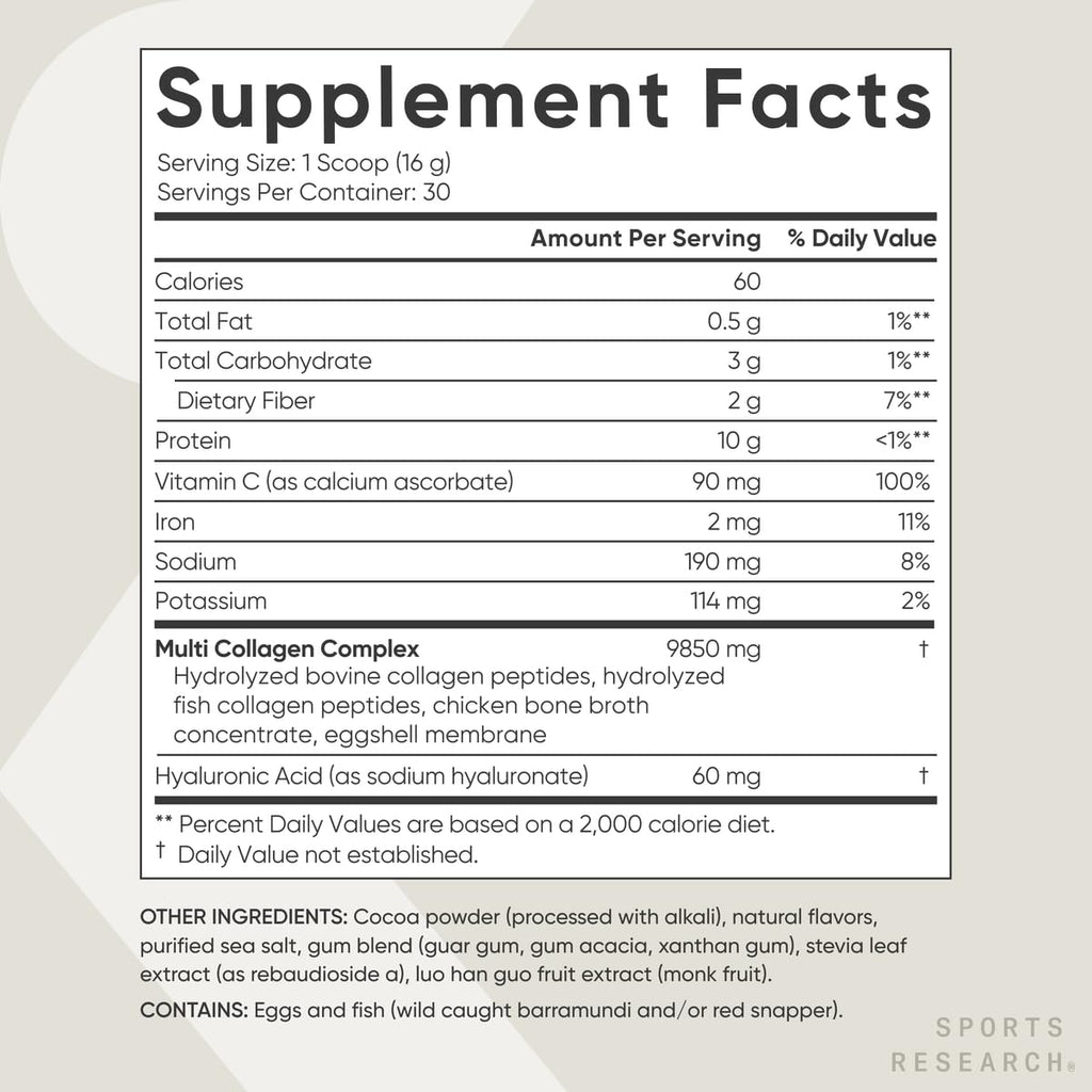 Sports Research® Multi Collagen Protein Powder, Chocolate - 30 Servings | 10g Grass-Fed Type I, II, III, V, X Collagen per Scoop w/Hyaluronic Acid & Vit. C | Hair, Skin & Joint Support | Easy to Mix