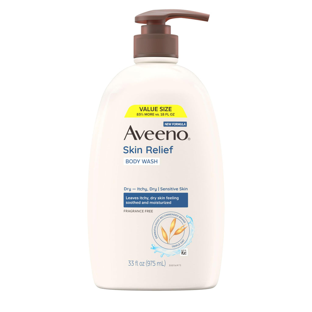Aveeno Skin Relief Body Wash with Triple Oat Complex, Fragrance-Free, Gentle Daily Body Wash for Sensitive Skin Leaves Itchy, Dry Skin Feeling Soothed & Moisturized, Value Size 33 Fl Oz