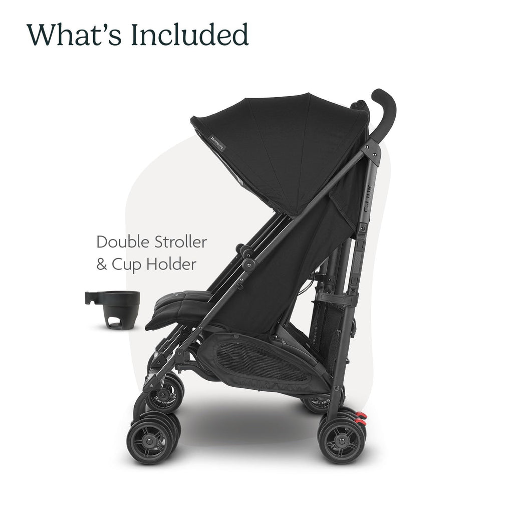 Buy now UPPAbaby G-Link V2 Double Umbrella Stroller / Lightweight Design / One-Step Fold + Recline / XL Basket + Canopy / Cup Holder Included / Jake (Black/Carbon Frame) at indiglob india