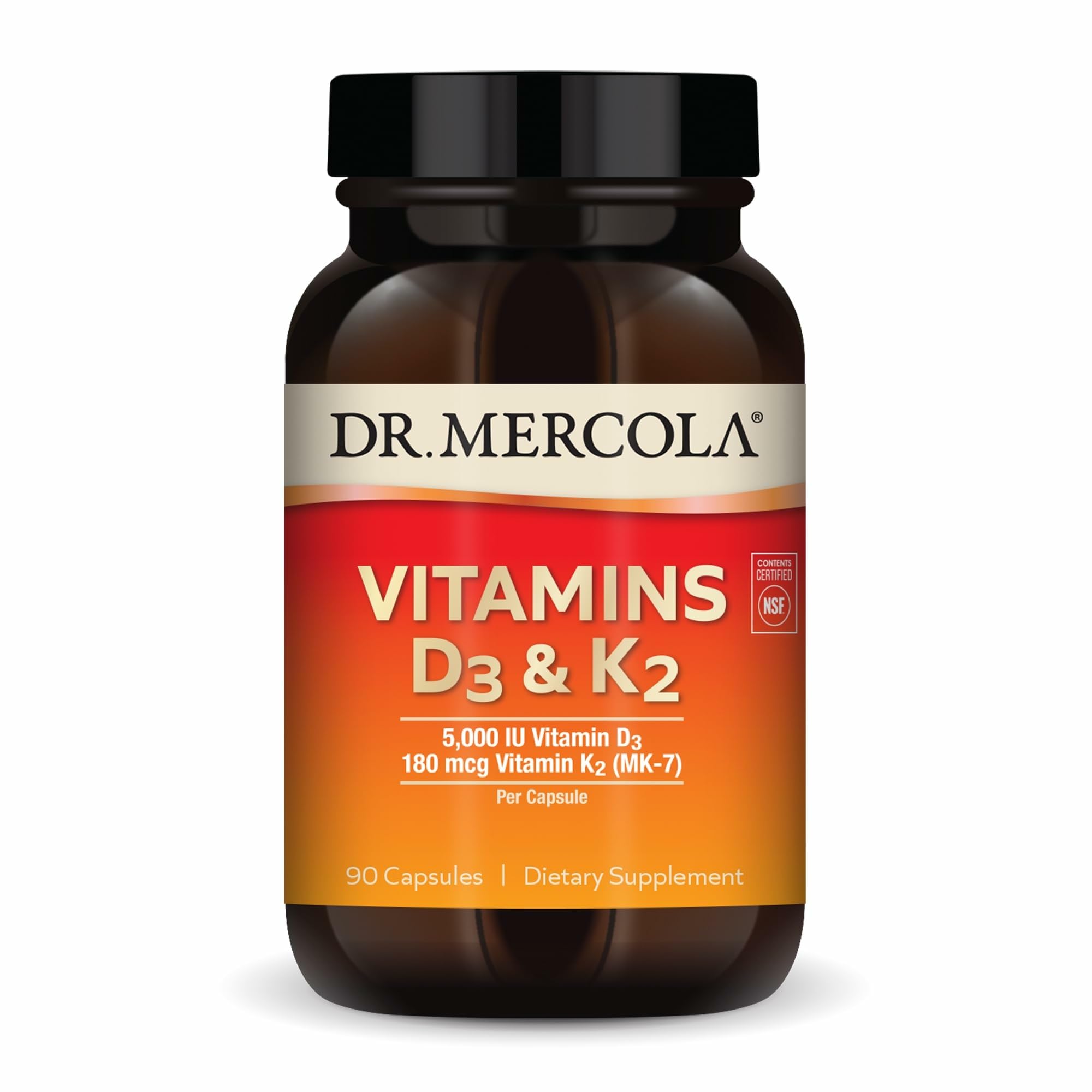 Dr. Mercola Vitamins D3 and K2, 5,000 IU, 30 Capsules (30 Servings) | Supports Immune, Brain, Cardiovascular, Respiratory, and Bone Health, GMO-Free, Gluten-Free, and Soy-Free