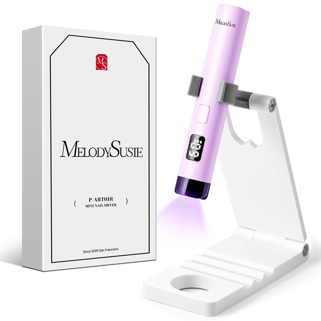 MelodySusie Handheld UV Light for Gel Nails P-ART01R with Stand, Hands-Free | Mini Portable Cordless Nail Lamp with LCD Display, Eye-Protective Cover, Flash Curing Glue, 450mAh Battery